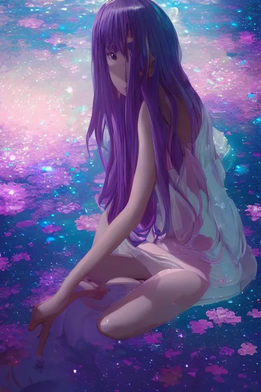 Image similar to whimsical, anime, 4k, beautiful intimate woman with professional makeup, long purple hair, a crystal and flower dress, sitting in on a reflective pond underneath the stars, rainbow fireflies, trending on patreon, deviantart, twitter, artstation, subtle and detailed, heavy contrast, art style of Ross Tran and Ilya Kuvshinov
