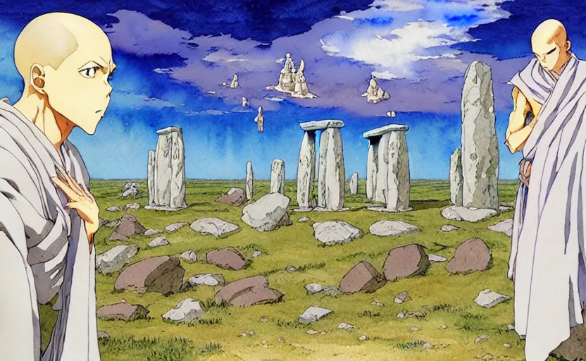 Prompt: an anime watercolor fantasy concept art of giant monk with a big forehead in grey robes swaying in stonehenge. several immense stones are floating in the air. in the background a large ufo is in the sky. by rebecca guay, michael kaluta, charles vess