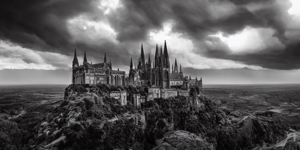 Prompt: dramatic film still of a cathedral by denis villeneuve, gothic architecture, top of a canyon, vultures, 24mm angle, studio ghibli and eddie mendoza, atmospheric, stormy, dramatic skies, moody, dark, cinematic, volumetric lighting, 8K