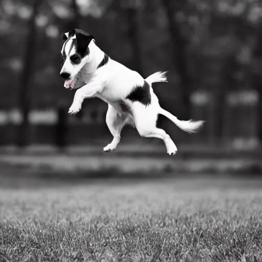 Image similar to black and white jack russell terrier jumping in the air, photorealistic