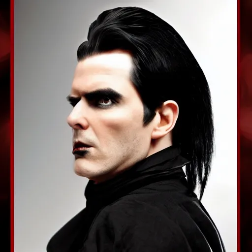 Prompt: a vampire, male, late - 4 0 s aged, long, slicked black hair, clean shaven, wearing a cape, regal, royal, grim facial expression, high fantasy, cinematic shot, red and black colors, full body shot.