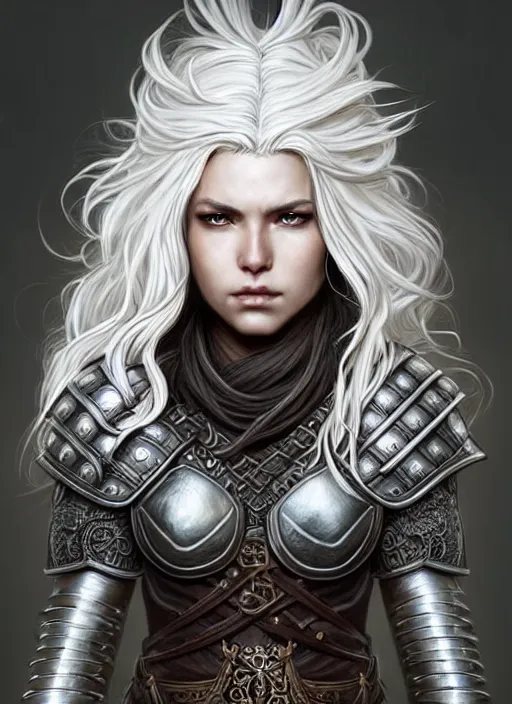 Image similar to warrior, leather armor!!! long wild white hair!! covered chest!!! fantasy, d & d, intricate ornate details, digital painting, pretty face!!, symmetry, concept art, sharp focus, illustration, art by artgerm! greg rutkowski magali villeneuve wlop! ilya kuvshinov!!, octane render