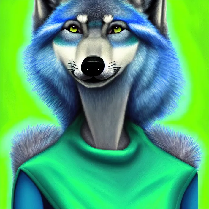 Image similar to a digital painting of a blue anthropomorphic female wolf fursona wearing a green dress, symmetry, focus, furry art, soft lighting, oil on canvas, hyper detailed