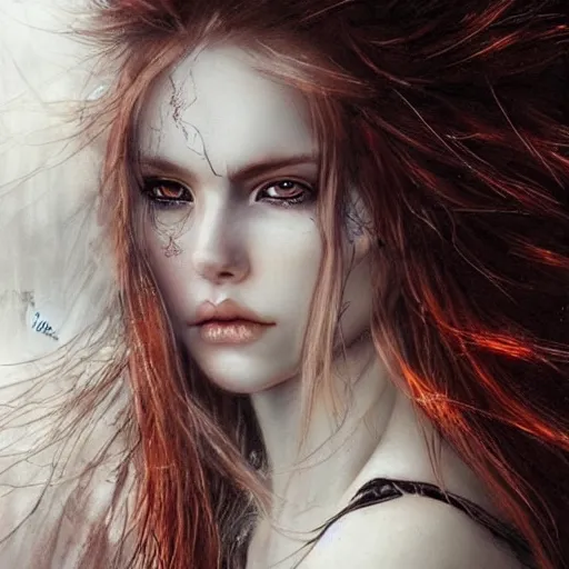 Prompt: beautiful nordic volva with blonde red wavy hair and clean eyes, soft flawless pale skin ultra - detailed face, dramatic dark lighting, hyperrealistic photo luis royo, wlop