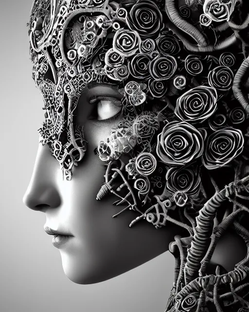 Image similar to mythical dreamy black and white organic bio-mechanical spinal ribbed profile face portrait detail of translucent steampunk beautiful female angelic-human-queen-vegetal-cyborg, highly detailed, intricate trnaslucent ivy jelly ornate, poetic, translucent roses ornate, 3D render, digital art, octane render, 8K artistic photography, photo-realistic, by Dora Maar