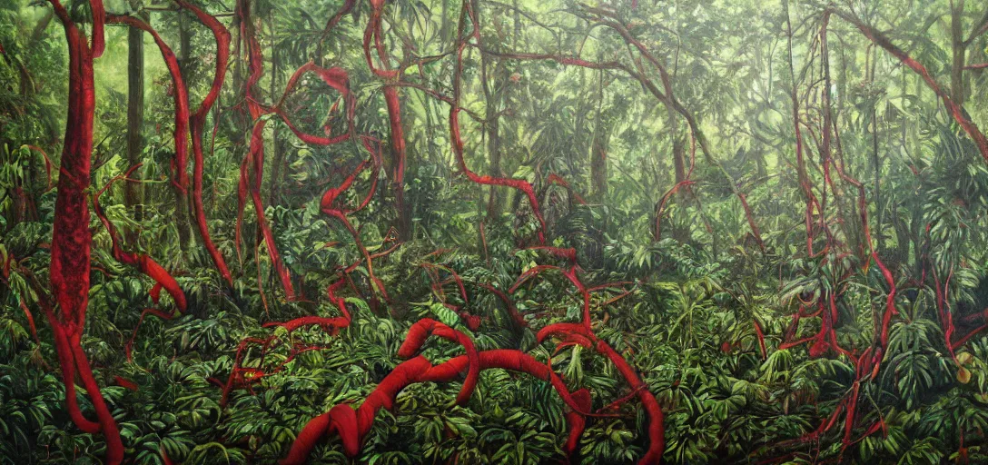 Image similar to hyperrealistic oil painting on canvas, hyperdetailed jungle made of blood and veins