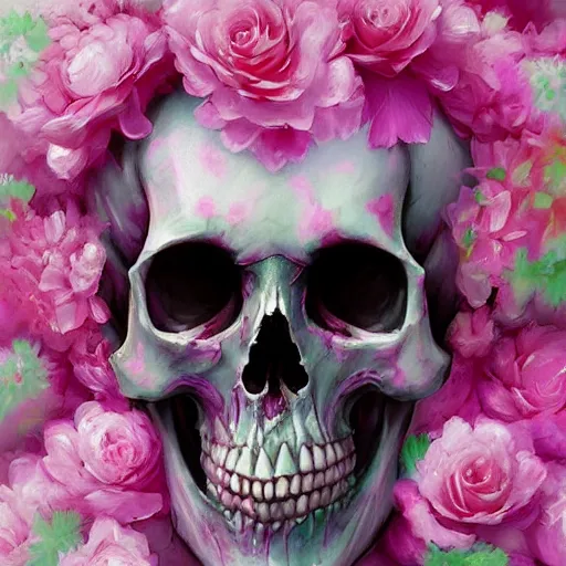 Image similar to Pink Death, skull, flowers, colorful, by Stanley Artgerm Lau, WLOP, Rossdraws, James Jean, Andrei Riabovitchev, Marc Simonetti, Yoshitaka Amano, ArtStation, CGSociety,