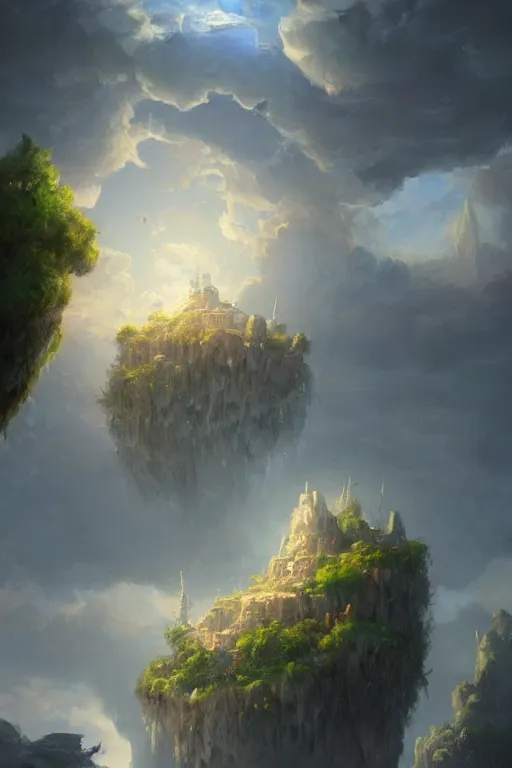 Image similar to a painting of a floating island in the sky, a detailed matte painting by Tyler Edlin, Artstation, fantasy art, 2d game art, matte drawing, concept art