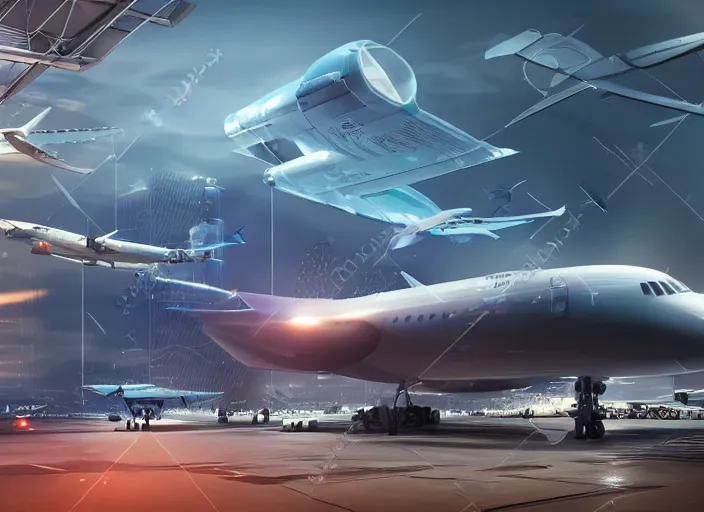 Image similar to immense futuristic jet plane arrives at runway of cyberpunk airport at night ,cinematic lighting, concept art