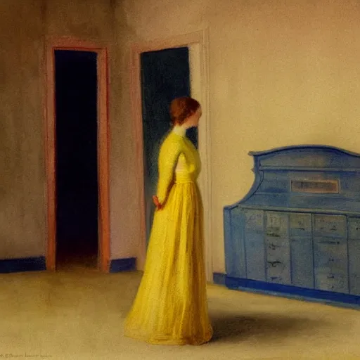 Image similar to close up of a girl in a blue and gold haunted liminal abandoned room, watercolor by ivan biblin, by hammershøi, art noveau, highly detailed, lights by edward hopper, liminal, eerie, bright pastel colors