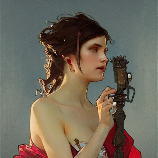 Image similar to woman by greg rutkowski and alphonse mucha