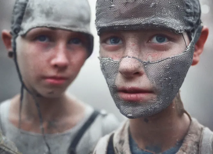 Image similar to cinestill 5 0 d photographic portrait by helen levitt of cute androids wearing rugged black mesh techwear in a foggy cement grove, extreme closeup, modern cyberpunk, dust storm, 8 k, hd, high resolution, 3 5 mm, f / 3 2, ultra realistic faces, intricate detail, ex machina