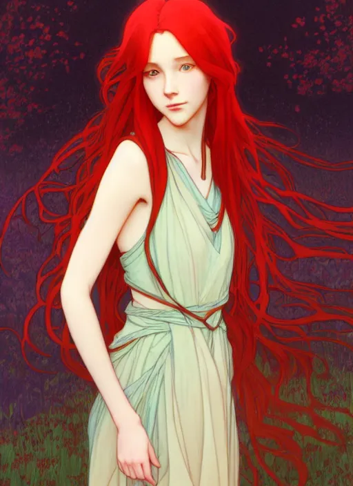 Prompt: pretty young woman with long red hair walking in the darkness, path traced, highly detailed, high quality, digital painting, by studio ghibli and alphonse mucha, leesha hannigan, makoto shinkai, disney