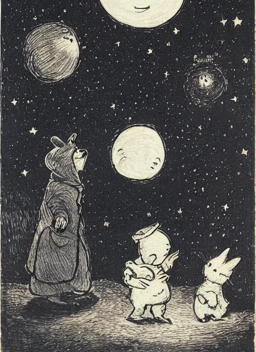 Image similar to candid portrait of a moon with a face in the starry sky, illustrated by peggy fortnum and beatrix potter and sir john tenniel