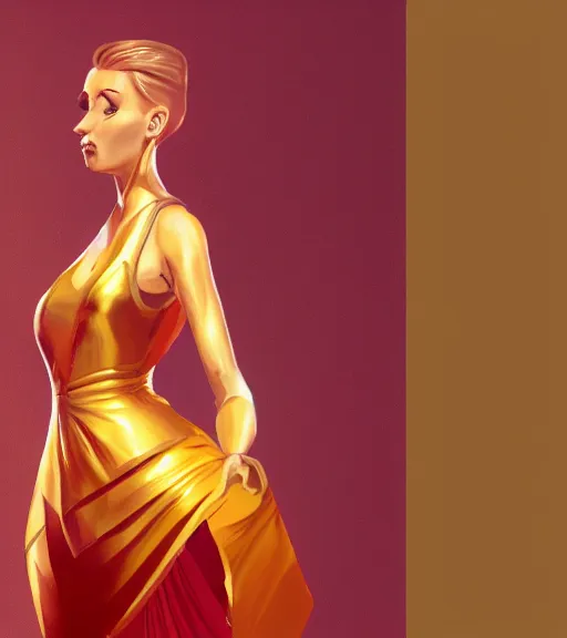 Prompt: a woman wearing a golden dress and a red shirt, concept art, hd, stunning, tran ross