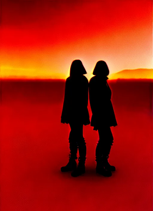 Image similar to cinestill 5 0 d photographic portrait of two loving clones, techwear women on a desolate plain with a red sky, a brutalist dark metal facility in the background, dust storm, depth of field, 4 k, 8 k, hd, full color