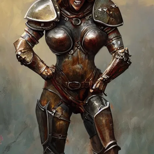 Image similar to muscular woman warrior wearing rusty medieval armor, covered in realistic armor, old rusty metal, digital art, expressive oil painting, trending on artstation