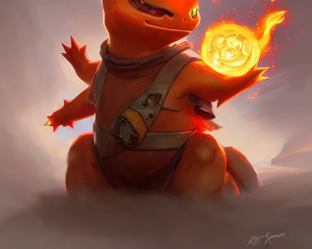 Prompt: charmander is very angry, deep focus, d & d, fantasy, intricate, elegant, highly detailed, digital painting, artstation, concept art, matte, sharp focus, illustration, hearthstone, art by artgerm and greg rutkowski and alphonse mucha