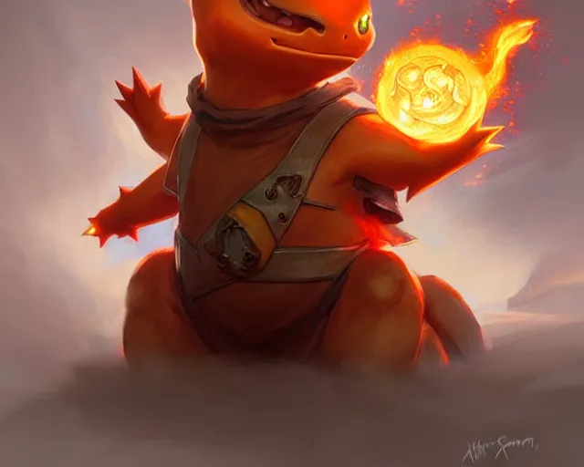 Image similar to charmander is very angry, deep focus, d & d, fantasy, intricate, elegant, highly detailed, digital painting, artstation, concept art, matte, sharp focus, illustration, hearthstone, art by artgerm and greg rutkowski and alphonse mucha