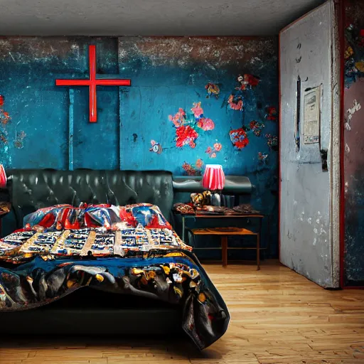 Prompt: male artist's messy, cluttered, dirty bedroom with blue and black floral painted walls and a big bold red christian cross on the wall. black flowers painted on walls. realistic, highly detailed, sharp focus, volumetric lighting, full shot, 3 5 mm, unreal engine,
