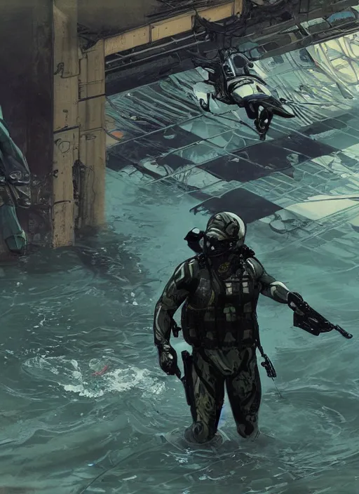 Image similar to solid snake. USN blackops operator emerging from water at the shoreline. Operator wearing Futuristic cyberpunk tactical wetsuit and looking at an abandoned shipyard. Frogtrooper. rb6s, MGS, and splinter cell Concept art by James Gurney, Alphonso Mucha. Vivid color scheme.