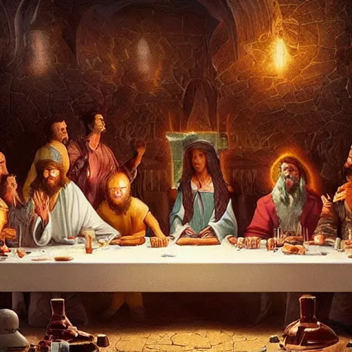 Image similar to Futurama characters at the Christ's last supper. Perfect composition. Very very beautiful digital art in style of Greg Rutkowski, intricate stunning texture and details, fine detailed face. Trending on artstation. Dramatic lighting