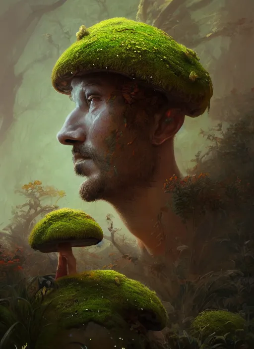 Prompt: Head of a forgotten Deity, translucent mushrooms, moss, extremly detailed digital painting, in the style of Fenghua Zhong and Ruan Jia and jeremy lipking and Peter Mohrbacher, mystical colors, rim light, beautiful lighting, 8k, stunning scene, raytracing, octane, trending on artstation