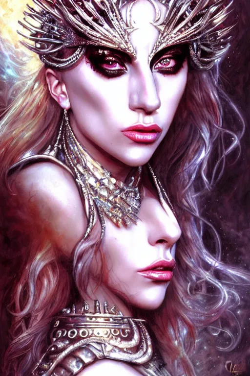 Prompt: Lady Gaga as a beautiful Goddess, fantasy, portrait, sharp focus, intricate, elegant, digital painting, artstation, matte, highly detailed, concept art, illustration, ambient lighting, art by Luis Royo