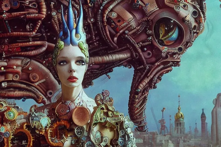 Prompt: extremely detailed movie shot closeup portrait of a beautiful alien girl wearing leather coat, saint petersburg city background by denis villenueve, yves tanguy, ernst haeckel, roger dean, amano, alphonse mucha, dynamic composition, rich moody colours