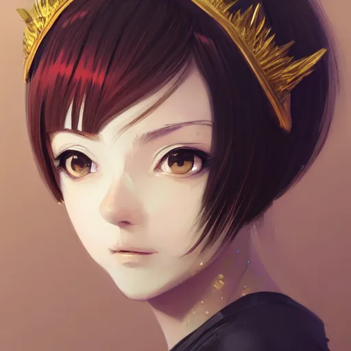 Image similar to portrait of anime pixie character with gold crown hair, manga cover, highly detailed, digital painting, artstation, concept art, sharp focus, illustration, strong brush stroke, anime, sharp edges, coherent, art by greg rutkowski, ilya kuvshinov, sharp focus, ghibli studio, art by ilya kuvshinov, rossdraws