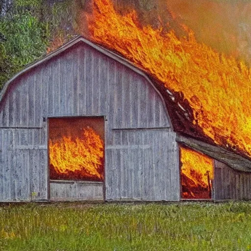 Prompt: a small barn engulfed in flames in the style of Monet