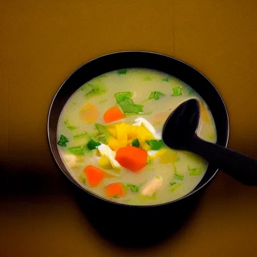 Image similar to a bowl of soup in an empty hotel hallway, mysterious, dark, cosmic, ethereal, mystical, neon lit