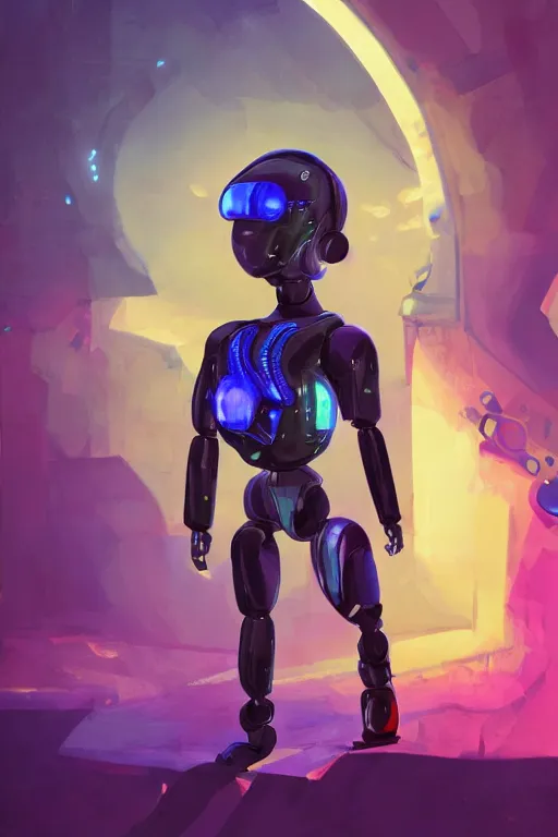 Image similar to a black kid playing with a futuristic robot in the nature, mixing solarpunk, afropunk, cyberpunk, ( ( ( ( volumetric light ) ) ) ), high angle, part by pearl fryar, part by prince damah, sunny day, trending on artstation, cinematic view, illustration, painting.