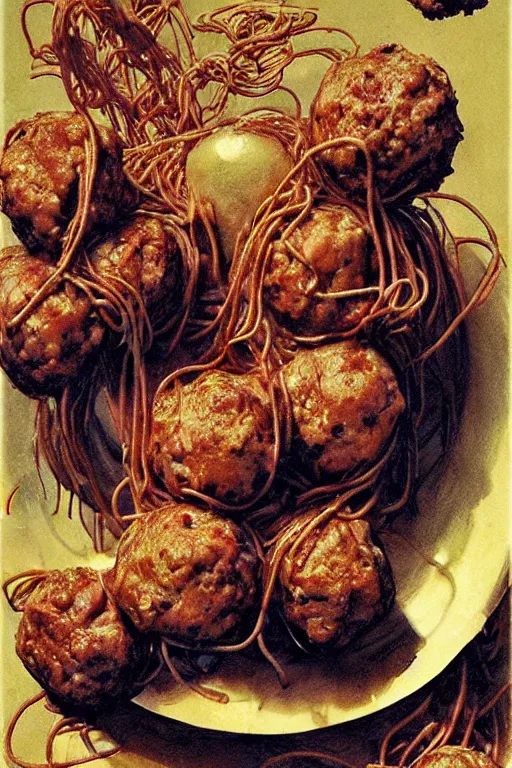 Prompt: plate of spaghetti and meatballs in the style of wayne barlowe, gustav moreau, goward, bussiere, roberto ferri, santiago caruso, luis ricardo falero, dali