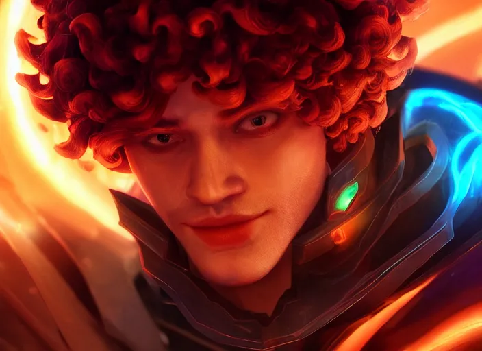 Image similar to glowwave portrait of curly orange haired man on a dark background from league of legends, au naturel, hyper detailed, digital art, trending in artstation, cinematic lighting, studio quality, smooth render, unreal engine 5 rendered, octane rendered, art style by pixar dreamworks warner bros disney riot games