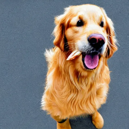 Prompt: a cheerful cartoon photo of a golden retriever who\'s just happy to be here