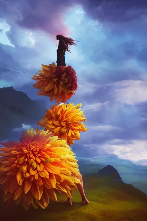 Image similar to closeup giant dahlia flower over head, girl standing on mountain, surreal photography, blue storm clouds, dramatic light, impressionist painting, digital painting, artstation, simon stalenhag