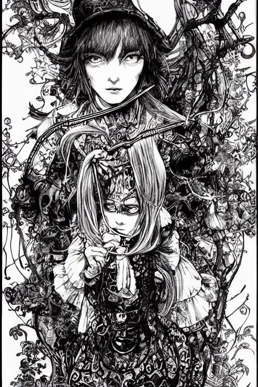 Image similar to Emo Alice in wonderland tarot card , pen and ink, intricate line drawings, by Yoshitaka Amano, Ruan Jia, Kentaro Miura, Artgerm, watercolor