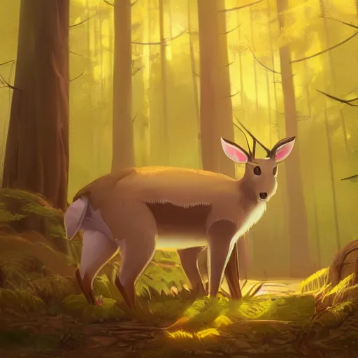 Prompt: concept art painting of an anthropomorphic chubby doe wearing yellow robes, in the deep forest, realistic, detailed, cel shaded, in the style of makoto shinkai and greg rutkowski and james gurney