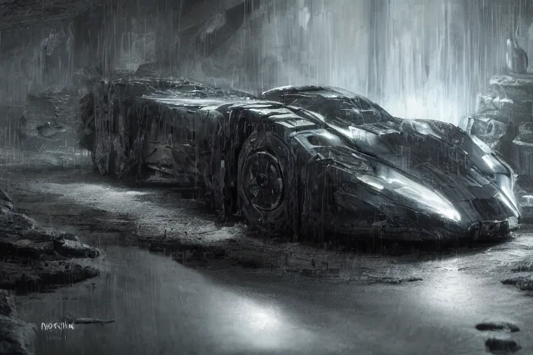 Image similar to the batmobile standing in a very dark and wet cave. highly detailed. intricate. mist. atmospheric. octane render. rim light. photoreal. 8 k. monochrome. cinematic. matte painting imagined by craig mullins and greg rutkowski. concept art, trending on artstation.