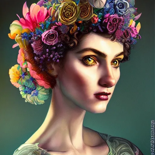 Image similar to Lofi biopunk portrait beautiful woman with short brown curly hair, roman face, unicorn, rainbow, floral, Pixar style, Tristan Eaton, Stanley Artgerm, Tom Bagshaw