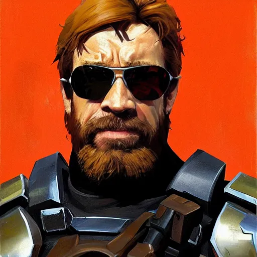 Image similar to greg manchess portrait painting of armored chuck norris as overwatch character, medium shot, asymmetrical, profile picture, organic painting, sunny day, matte painting, bold shapes, hard edges, street art, trending on artstation, by huang guangjian and gil elvgren and sachin teng