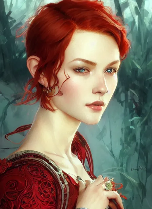 Image similar to Red short hair Portrait of woman, fantasy, intricate, elegant, highly detailed, digital painting, artstation, concept art, smooth, sharp focus, illustration, art by artgerm and greg rutkowski and alphonse mucha