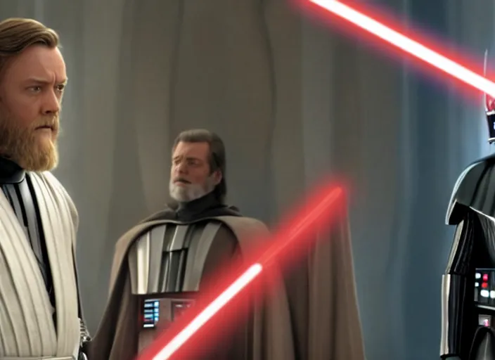 Image similar to film still of Darth Vader debates obi wan kenobi in congress in the new Star Wars movie, 4k