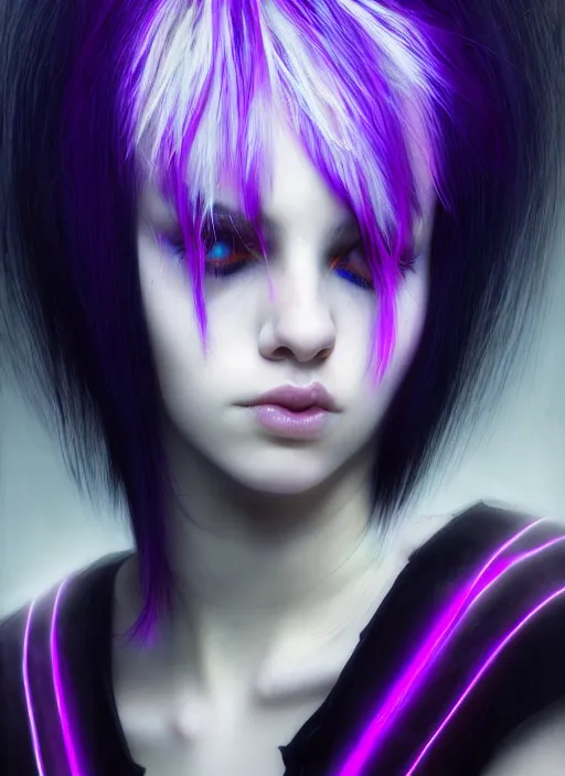 Image similar to hair whitebangs hair, black cyberlox, portrait of teenage girl with white bangs, whitebangsblackhair, messy bangs, cyberlox, whitebangs, red irises, purple clothes, intricate, elegant, glowing lights, highly detailed, digital painting, artstation, concept art, sharp focus, illustration, art by wlop, mars ravelo and greg rutkowski