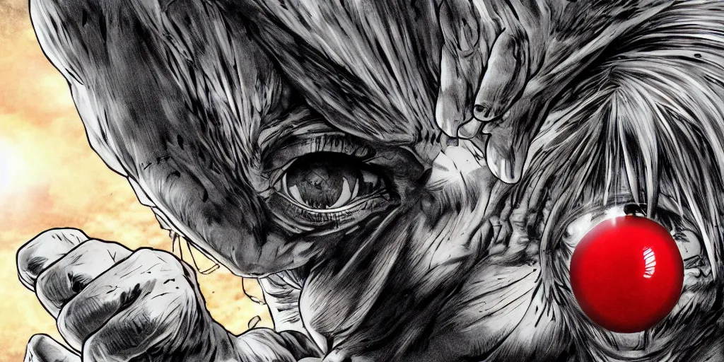 Prompt: a giant hand catches an eyeball, berserk, 4 k resolution, comic style ， by miura kentaro, ultra detailed,