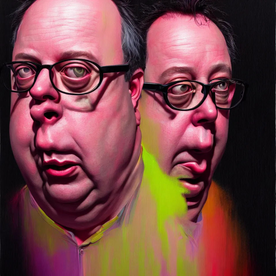 Image similar to bright realistic todd solondz turning into bill hicks, diffuse lighting, fantasy, intricate, elegant, highly detailed, lifelike, photorealistic, digital painting, artstation, illustration, concept art, smooth, sharp focus, art by francis bacon