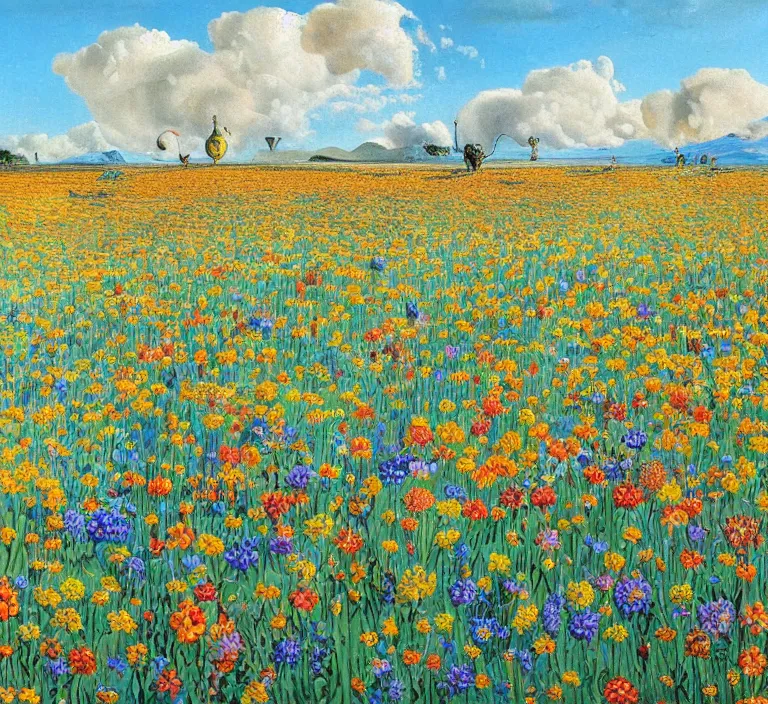 Image similar to highly detailed oil painting of a field of flowers painted by salvador dali