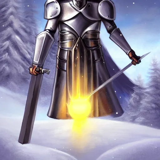 Image similar to paladin wearing silver amour with mirror finish, wielding a longsword that gleams like the sun. he is wearing a teutonic helmet, inside his eyes glow like the sun. background of snowy mountains. fantasy painting.