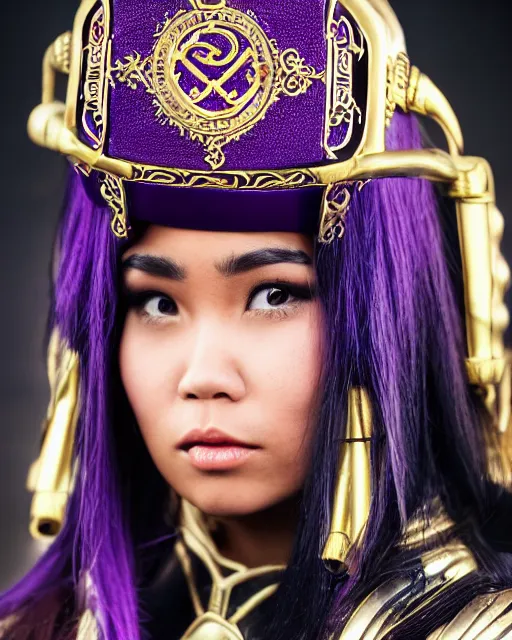 Image similar to a beautiful close up photo of a Filipina female with long hair and purple eyes, no helmet, wearing leather and gold futuristic steampunk costume , with ornate rune carvings and glowing lining, very detailed, shot in canon 50mm f/1.2